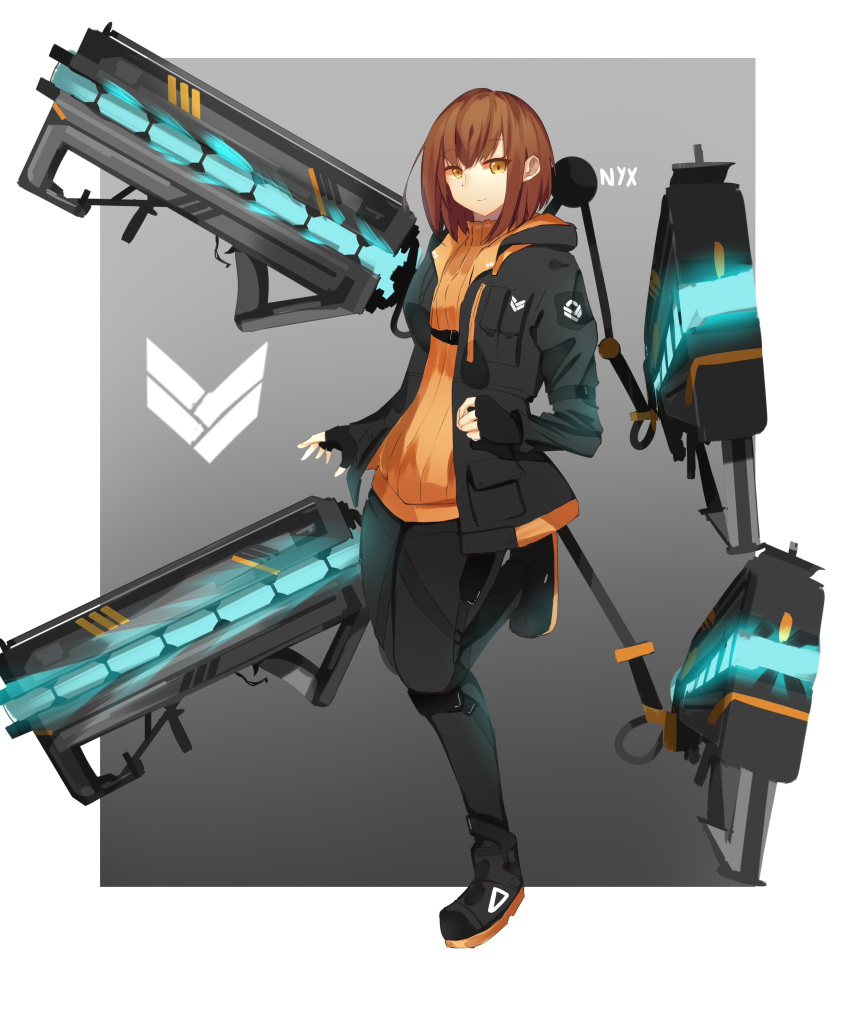 1girl absurdres artist_name black_gloves breasts brown_hair cannon full_body gloves gun highres jacket looking_at_viewer mecha nyxview orange_shirt original rigging shirt shoes smile solo weapon yellow_eyes