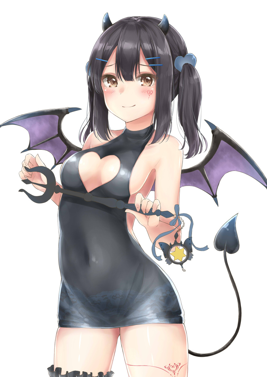 1girl absurdres alternate_costume alternate_hair_ornament bare_shoulders bat_wings black_dress black_hair blush breasts cleavage_cutout commentary_request covered_navel demon_girl demon_horns demon_tail dress fate/kaleid_liner_prisma_illya fate_(series) hair_ornament hairclip highres hodling horns long_hair looking_at_viewer medium_breasts mikujin_(mikuzin24) miyu_edelfelt simple_background star succubus tail thigh-highs white_background wings