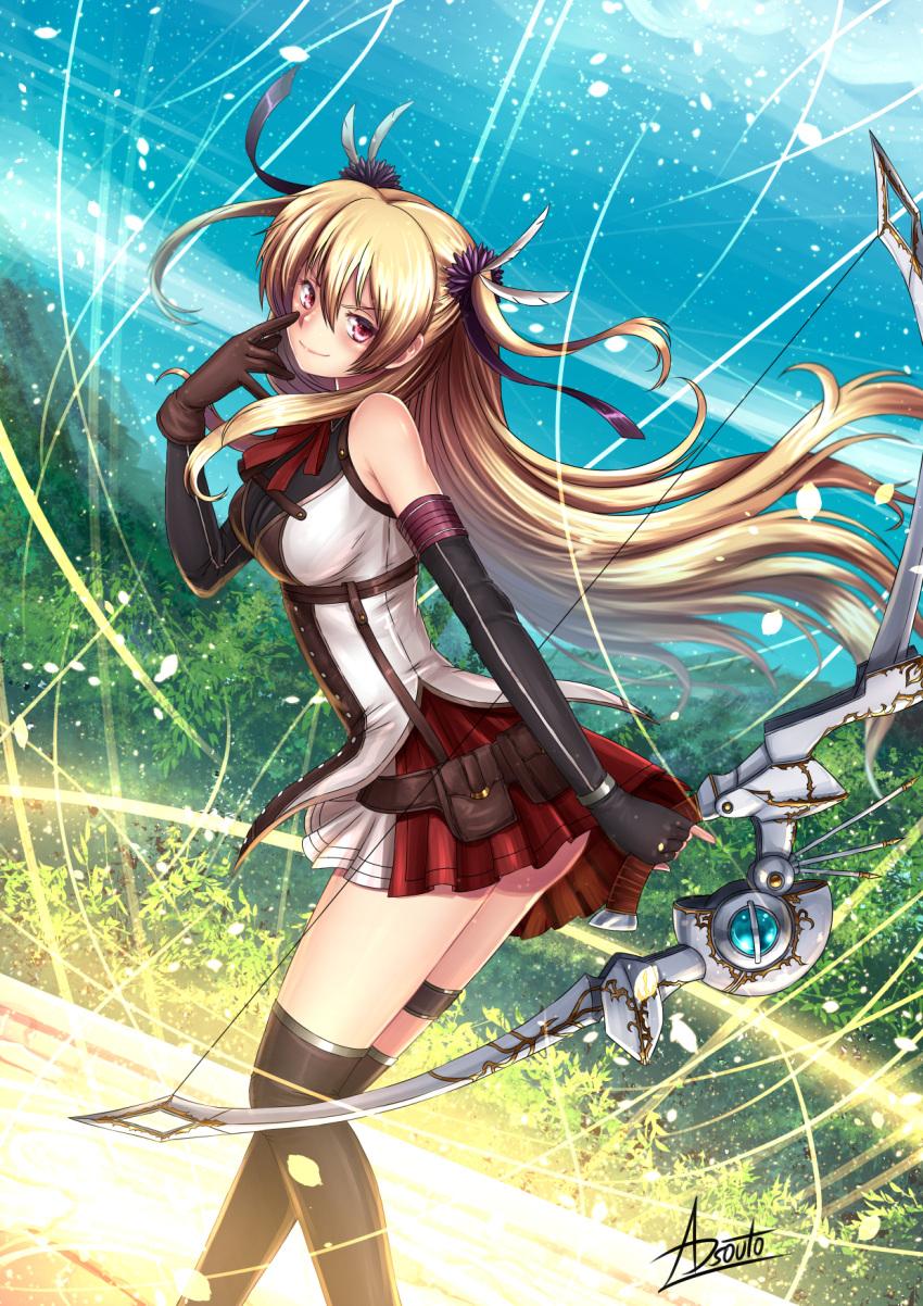 1girl adsouto alisa_reinford artist_name asymmetrical_gloves bangs black_gloves black_legwear blonde_hair bow brown_gloves closed_mouth day dutch_angle eiyuu_densetsu elbow_gloves feathers fingerless_gloves floating_hair gloves hair_between_eyes hair_feathers highres long_hair looking_at_viewer miniskirt neck_ribbon outdoors pleated_skirt red_eyes red_ribbon red_skirt ribbon sen_no_kiseki shiny shiny_hair skirt smile solo thigh-highs thigh_strap twintails two-tone_skirt very_long_hair white_feathers white_skirt
