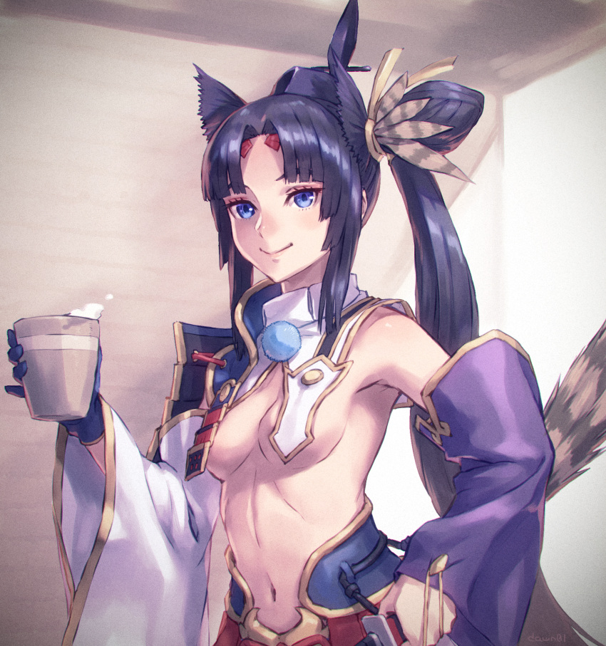 1girl armor bangs black_hair black_headwear blue_eyes blue_gloves breasts cowboy_shot cup detached_sleeves fate/grand_order fate_(series) gloves hair_ornament hat highres holding holding_cup japanese_armor katana kusazuri long_hair mini_hat mismatched_sleeves navel parted_bangs revealing_clothes scabbard sheath sheathed side_ponytail sidelocks single_glove small_breasts smile solo sword ushiwakamaru_(fate/grand_order) very_long_hair weapon wide_sleeves yoake_dawn01