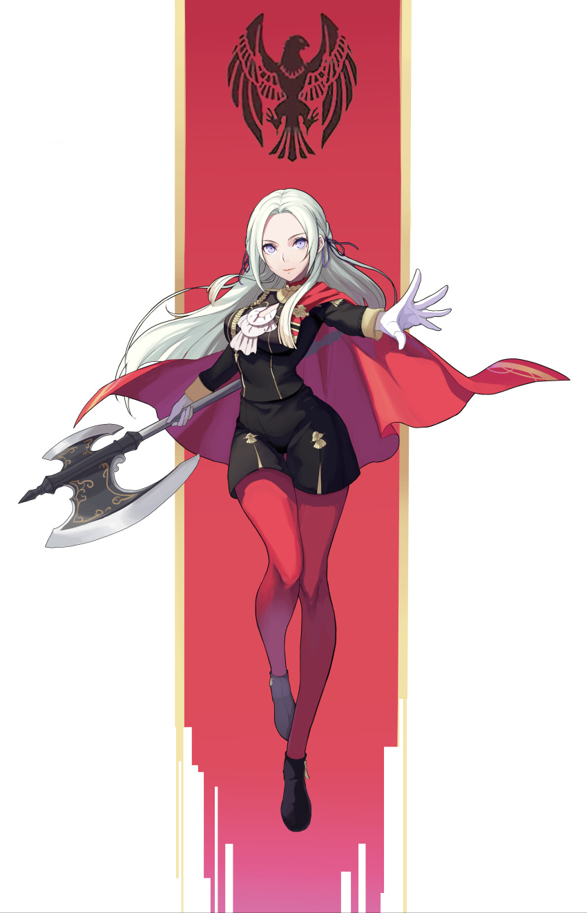 1girl absurdres ankle_boots axe battle_axe black_footwear boots cape cravat edelgard_von_hresvelg fire_emblem fire_emblem:_three_houses fire_emblem:_three_houses full_body garreg_mach_monastery_uniform gloves hair_ornament hair_ribbon highres holding holding_weapon intelligent_systems koei_tecmo lavender_eyes long_hair looking_at_viewer nintendo outstretched_arm pantyhose red_cape red_legwear revision ribbon sixteen_minus_seven solo super_smash_bros. uniform weapon white_gloves white_hair