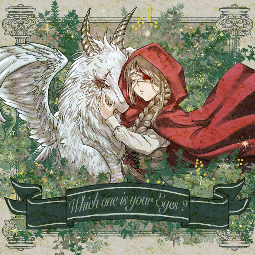 1girl album_cover bandages blood bloody_bandages braid cloak closed_eyes corset cover dragon eyepatch facing_another fantasy hand_up highres horns light_brown_hair long_hair long_sleeves original red_cloak red_hood s0shir0 scar scar_across_eye solo upper_body white_wings wings