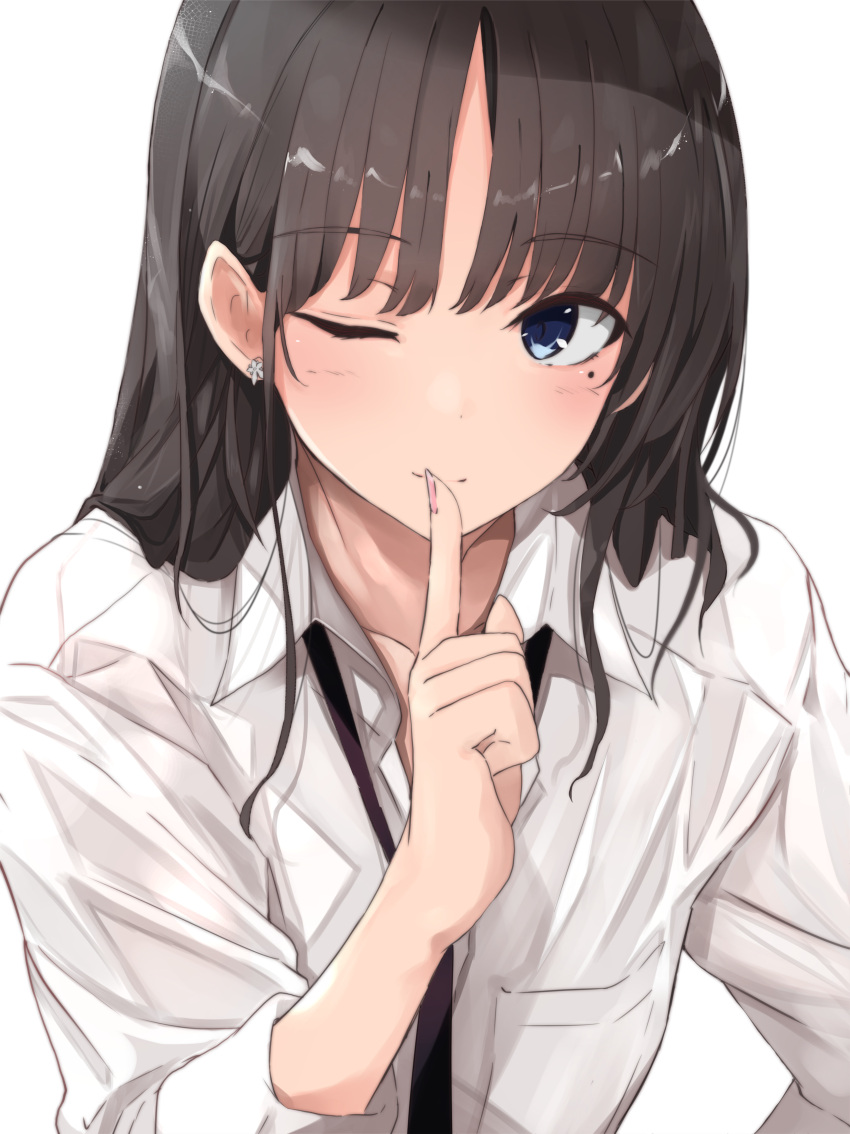1girl ;) absurdres bangs black_neckwear blue_eyes blush breast_pocket brown_hair closed_mouth collared_shirt commentary_request earrings eyebrows_visible_through_hair finger_to_mouth fingernails flower_earrings fuu_(fuore) highres index_finger_raised jewelry long_fingernails long_hair long_sleeves mole mole_under_eye nail_polish necktie one_eye_closed original pink_nails pocket shirt shushing smile solo white_shirt wing_collar