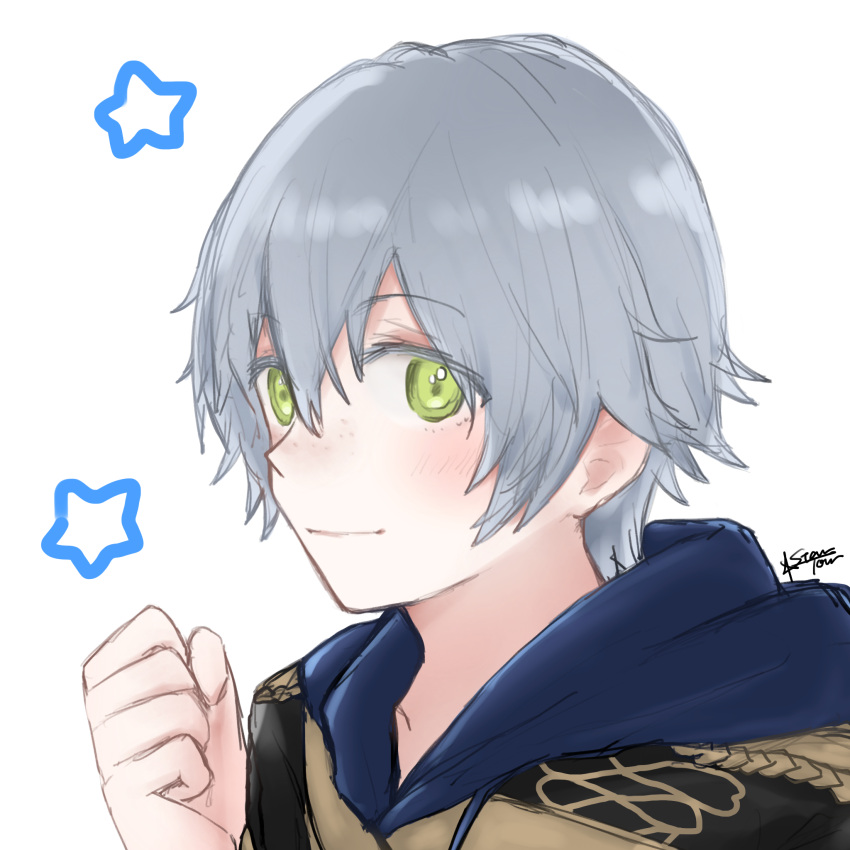 1boy 504723f artist_name ashe_ubert blush epaulettes fire_emblem fire_emblem:_three_houses freckles green_eyes grey_hair highres solo star upper_body white_background