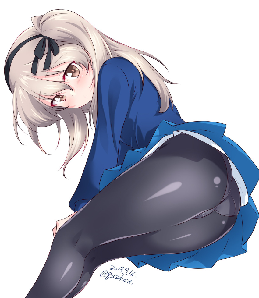 1girl absurdres alternate_costume ass bangs black_legwear black_ribbon blue_skirt blue_sweater blush brown_eyes closed_mouth commentary_request crotch_seam dated eyebrows_visible_through_hair from_below girls_und_panzer hair_ribbon hands_on_own_knees highres invisible_chair kuzuryuu_kennosuke legs light_brown_hair light_frown long_hair long_sleeves looking_at_viewer looking_down miniskirt one_side_up panties panties_under_pantyhose pantyhose pleated_skirt ribbon school_uniform shimada_arisu simple_background sitting skirt solo st._gloriana's_school_uniform sweater twitter_username underwear upskirt white_background