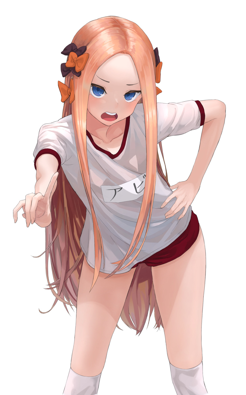 1girl abigail_williams_(fate/grand_order) absurdres bangs black_bow blonde_hair blue_eyes bow character_name collarbone fate/grand_order fate_(series) gym_uniform hair_bow hand_on_hip highres huskk index_finger_raised kneehighs leaning_forward long_hair looking_at_viewer multiple_hair_bows open_mouth orange_bow parted_bangs red_shorts shiny shiny_hair shirt short_shorts short_sleeves shorts simple_background solo standing straight_hair very_long_hair white_background white_legwear white_shirt