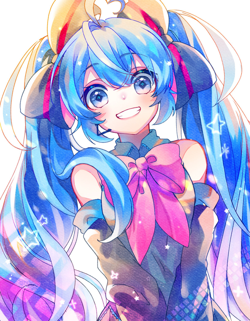 1girl :d absurdres bare_shoulders black_ribbon blue_eyes blue_hair blurry bokeh breasts clenched_teeth colorful curly_hair depth_of_field detached_sleeves diamond-shaped_pupils eyebrows_visible_through_hair eyelashes flower-shaped_pupils grey_shirt hair_between_eyes hair_over_shoulder hair_ribbon hatsune_miku headset highres leaning leaning_to_the_side light_particles long_hair looking_at_viewer microphone open_mouth pink_ribbon ribbon shaded_face shirayuki_towa shirt simple_background sleeveless sleeveless_shirt small_breasts smile solo sparkle star striped striped_ribbon symbol-shaped_pupils teeth twintails upper_body v_arms very_long_hair vocaloid white_background