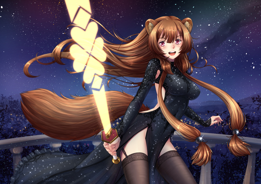 1girl :d adsouto animal_ears artist_name backless_dress backless_outfit bangs black_dress black_legwear breasts brown_hair covered_navel dress floating_hair garter_straps highres holding holding_sword holding_weapon large_breasts long_hair long_sleeves looking_at_viewer night night_sky open_mouth outdoors raccoon_ears raccoon_girl raccoon_tail raphtalia red_eyes shiny shiny_clothes shiny_hair sidelocks sky smile solo standing star_(sky) starry_sky sword tail tate_no_yuusha_no_nariagari thigh-highs very_long_hair weapon