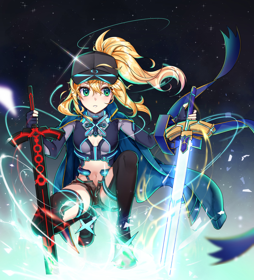 1girl absurdres ahoge artoria_pendragon_(all) baseball_cap blonde_hair blue_eyes blue_jacket blue_scarf breasts commentary_request fate/grand_order fate_(series) green_eyes hair_between_eyes hat highres holding huge_filesize jacket long_hair looking_at_viewer mysterious_heroine_x oguri_(pixiv25574366) ponytail scarf shorts solo sword thigh-highs track_jacket weapon