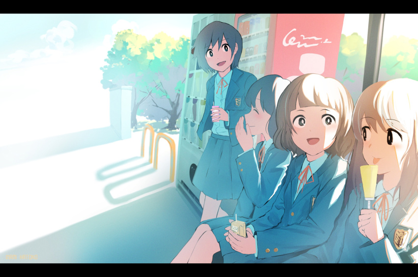 4girls bangs black_hair blazer blonde_hair blunt_bangs brown_hair covering_mouth eye_contact food hand_over_own_mouth happy highres inami_hatoko jacket juice_box laughing leaning_back letterboxed licking long_hair looking_at_another looking_to_the_side medium_hair multiple_girls muted_color neck_ribbon open_mouth original pleated_skirt popsicle ribbon school_uniform shade shadow short_hair sitting skirt sunlight tongue tongue_out tree vending_machine