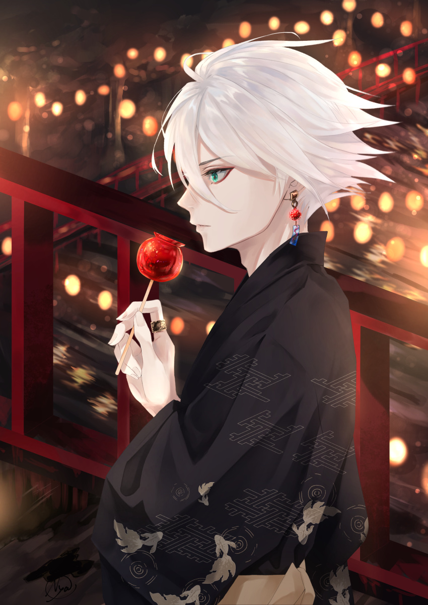 1boy absurdres animal_print aqua_eyes black_kimono bridge candy_apple ear_piercing earrings fate/grand_order fate_(series) fish_print food goldfish_print highres holding holding_food japanese_clothes jewelry karna_(fate) kimono lantern male_focus night nyaon_oekaki outdoors pale_skin paper_lantern piercing profile ring signature solo standing transparent water white_hair