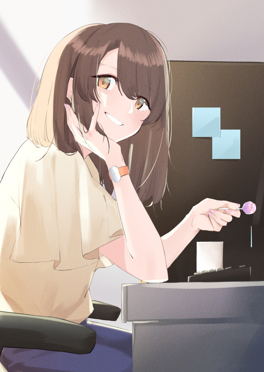 1girl absurdres bangs blush brown_eyes brown_hair candy chair elbows_on_table food highres indoors keyboard leglet4 lollipop long_hair looking_at_viewer original pink_nails sitting smile smirk solo sticky_note watch watch