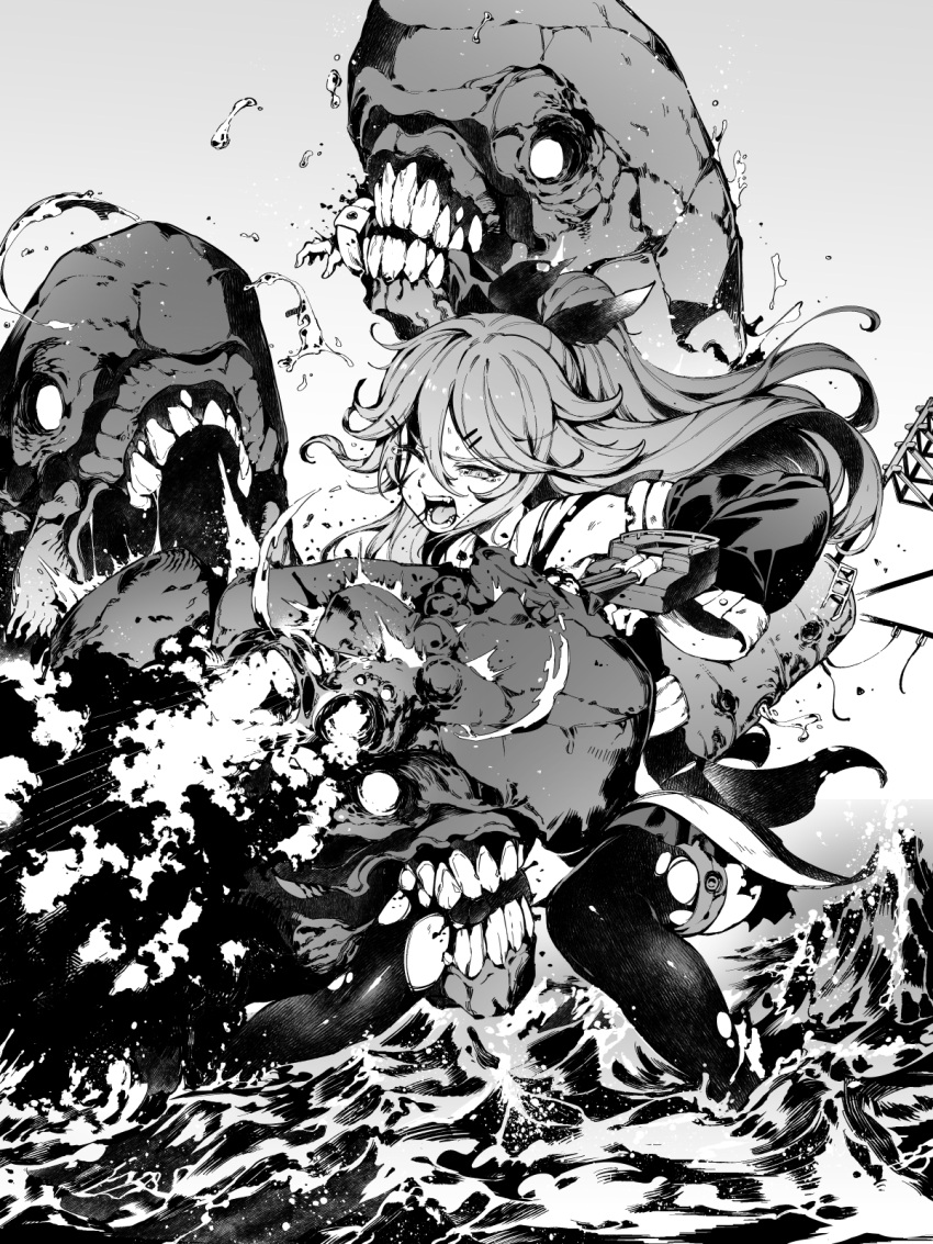 1girl bacius battle biting blood blood_from_mouth cannon damaged detached_sleeves firing greyscale highres i-class_destroyer injury kantai_collection long_hair machinery monochrome neckerchief open_mouth pleated_skirt ponytail rigging school_uniform skirt thigh-highs turret water yamakaze_(kantai_collection)