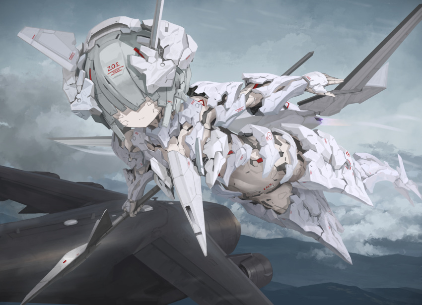 1girl ace_combat_7 adfx-10 aircraft airplane android c17_globemaster_iii clouds cloudy_sky commentary covered_eyes fingerless_gloves flying frown gloves helmet hill mecha_musume midriff muted_color personification polearm sky solo spear tom-neko_(zamudo_akiyuki) weapon