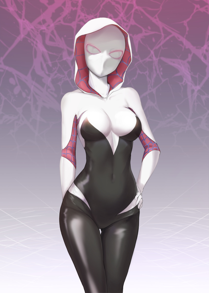 1girl absurdres arm_behind_back ass_visible_through_thighs bodysuit breasts covered_navel cowboy_shot g_home gradient gradient_background gwen_stacy highres hood hood_up medium_breasts purple_background skin_tight solo spider-gwen spider-man:_into_the_spider-verse spider-man_(series) spider_web_print thigh_gap
