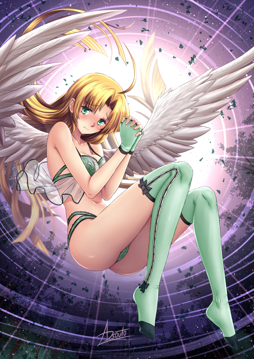 1girl adsouto ahoge angel_wings asia_argento ass bangs bare_shoulders blonde_hair blush bra breasts closed_mouth collarbone elbow_gloves feathered_wings fingerless_gloves floating frown full_body gloves green_bra green_eyes green_gloves green_legwear green_panties hands_clasped high_school_dxd highres leaf long_hair looking_at_viewer medium_breasts navel own_hands_together panties parted_bangs see-through signature solo thigh-highs thighs underwear underwear_only very_long_hair white_wings wings