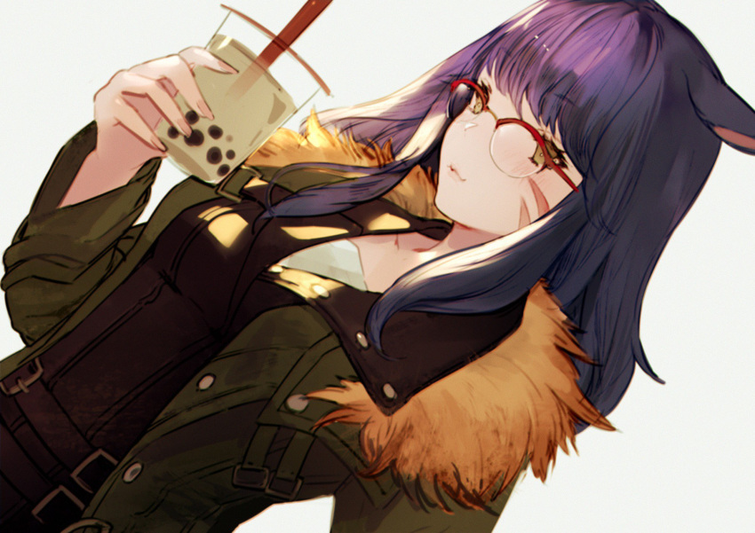 1girl animal_ears bangs black_jacket blush brown_eyes bubble_tea closed_mouth coat commentary_request cup disposable_cup dutch_angle eyebrows_visible_through_hair facial_mark fur-trimmed_coat fur_trim glasses green_coat highres holding holding_cup jacket long_sleeves looking_at_viewer nido_celisius original over-rim_eyewear semi-rimless_eyewear smile solo upper_body whisker_markings