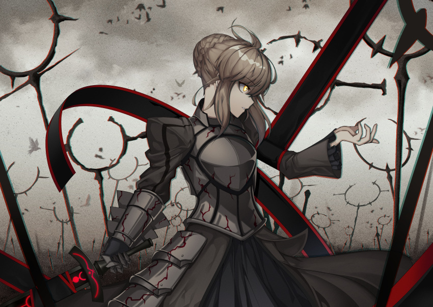 1girl absurdres armor armored_dress artoria_pendragon_(all) black_ribbon blonde_hair braid breasts commentary_request dark_excalibur dress eyebrows_visible_through_hair fate/grand_order fate/stay_night fate_(series) from_side highres holding holding_sword holding_weapon oguri_(pixiv25574366) ribbon saber_alter short_hair solo sword weapon yellow_eyes