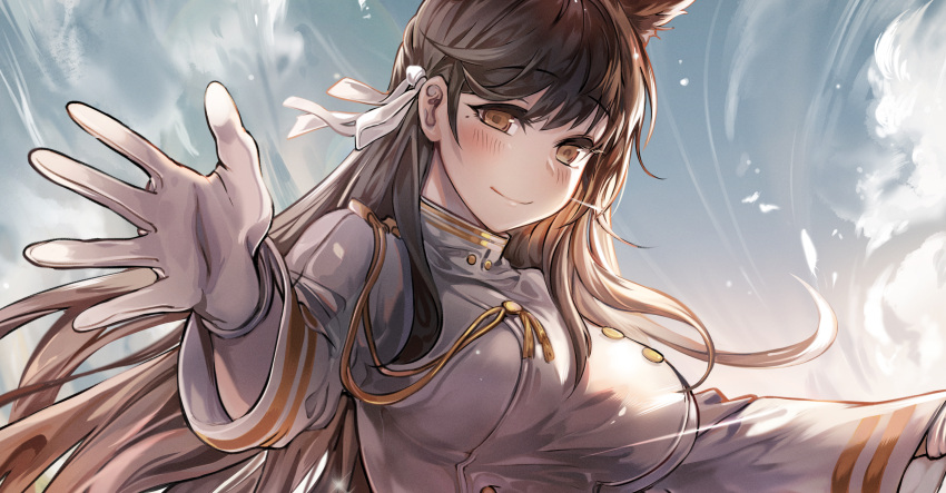 1girl absurdres animal_ears atago_(azur_lane) azur_lane black_hair blue_sky blush bow breasts clouds epaulettes extra_ears gloves hair_between_eyes happy highres hug imminent_hug large_breasts long_hair long_sleeves looking_at_viewer military military_uniform mole mole_under_eye outdoors outstretched_arms ribbon sky smile snowru solo spread_arms sunlight uniform white_bow white_gloves white_ribbon