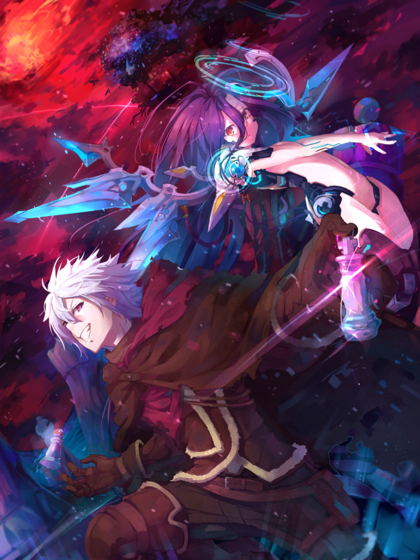 1boy 1girl belt brown_cloak brown_gloves character_request chess_piece cloak gloves hair_between_eyes highres kurokitsune_(float0108) lens_flare long_hair mountain navel no_game_no_life open_mouth orange_eyes outdoors parted_lips purple_hair red_sky shuvi_(no_game_no_life) silhouette sky smile teeth torn_clothes tree violet_eyes white_hair
