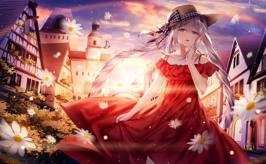 1girl absurdres backlighting bangs bare_shoulders black_bow blue_eyes blue_sky bow brown_headwear bug building butterfly clouds cloudy_sky collarbone commentary daisy dress earrings evening eyebrows_visible_through_hair fate/grand_order fate_(series) fedora feet_out_of_frame flower frilled_skirt frills glint hair_between_eyes hand_up hat hat_bow highres house huge_filesize insect jewelry junpaku_karen long_hair looking_at_viewer marie_antoinette_(fate/grand_order) nail_polish off-shoulder_dress off_shoulder open_mouth outdoors plaid plaid_bow rainbow red_dress red_nails signature silver_hair skirt skirt_hold sky solo standing sunlight sunset town twintails very_long_hair white_flower