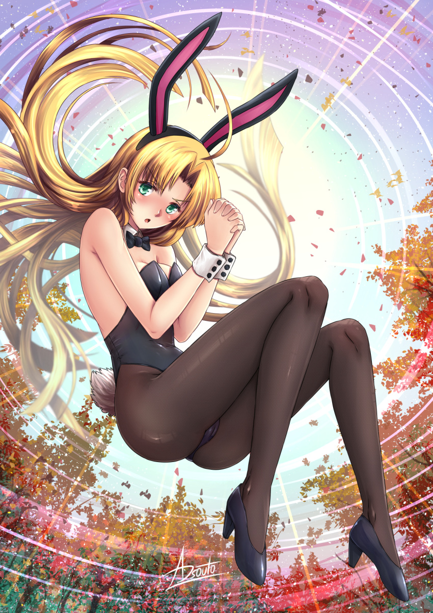 1girl :o adsouto ahoge animal_ears asia_argento ass autumn_leaves backlighting bangs bare_arms bare_shoulders black_bow black_footwear black_hairband black_leotard black_nails blonde_hair blush bow bowtie breasts brown_legwear bunny_tail bunnysuit detached_collar elbow_gloves fake_animal_ears fake_tail floating full_body gloves green_eyes hairband hands_clasped high_heels high_school_dxd highres leaf leotard long_hair looking_at_viewer medium_breasts open_mouth own_hands_together pantyhose parted_bangs rabbit_ears signature sky solo strapless strapless_leotard sunlight tail thighs v-shaped_eyebrows very_long_hair