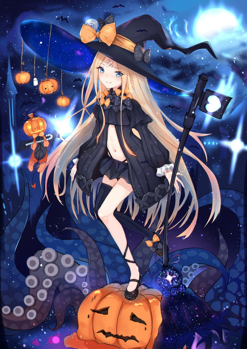 1girl abigail_williams_(fate/grand_order) absurdres bandaid_on_forehead bangs bare_shoulders bat_wings black_bow black_dress black_footwear black_headwear black_legwear black_panties black_skirt blonde_hair blue_eyes blush bow breasts candy candy_cane closed_mouth crossed_bandaids dress fate/grand_order fate_(series) food forehead full_moon halloween hat highres jack-o'-lantern key long_hair looking_at_viewer moon multiple_bows navel night night_sky open_clothes open_dress orange_bow panties parted_bangs polka_dot polka_dot_bow pumpkin ribbed_dress sakura_nnk single_thighhigh skirt sky small_breasts smile solo space staff stuffed_animal stuffed_toy teddy_bear tentacles thigh-highs underwear very_long_hair wings witch_hat