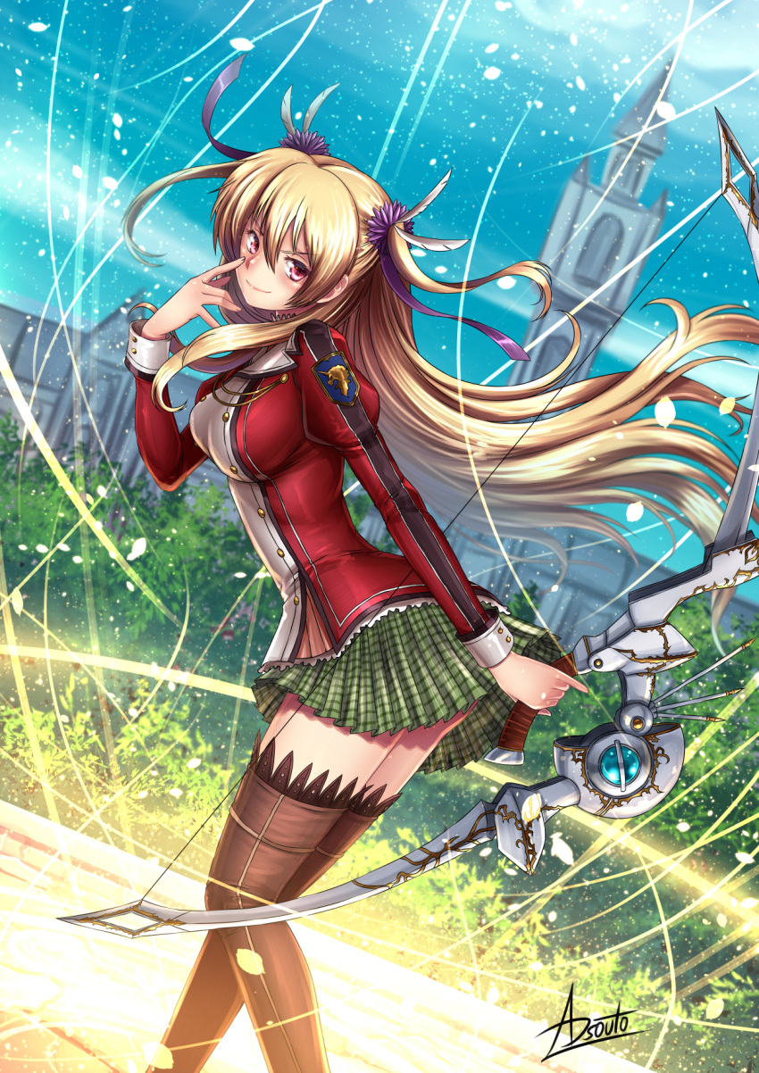 1girl adsouto alisa_reinford artist_name bangs blonde_hair boots bow_(weapon) breasts brown_footwear closed_mouth day dutch_angle eiyuu_densetsu feathers floating_hair from_side green_skirt hair_between_eyes hair_feathers highres holding holding_bow_(weapon) holding_weapon jacket leaning_forward long_hair long_sleeves looking_at_viewer medium_breasts miniskirt outdoors plaid plaid_skirt pleated_skirt red_eyes red_jacket sen_no_kiseki shiny shiny_hair skirt smile solo standing thigh-highs thigh_boots twintails very_long_hair weapon white_feathers zettai_ryouiki