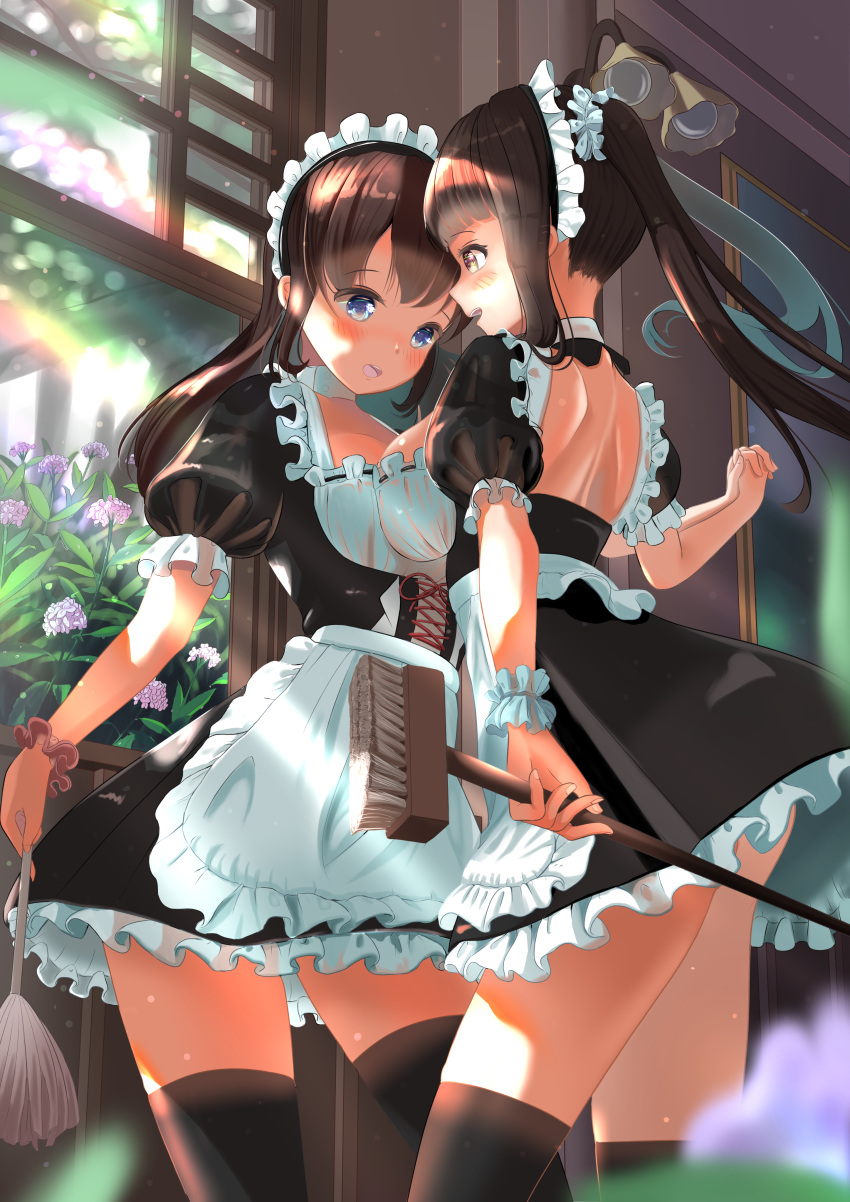 2girls absurdres apron asymmetrical_docking black_legwear black_skirt blue_eyes breast_press breasts broom brown_eyes brown_hair day eye_contact feather_duster flower frills highres holding_hand indoors large_breasts light long_hair looking_at_another maid multiple_girls original scrunchie short_sleeves skirt small_breasts standing thigh-highs twintails very_long_hair wander00317_(akihirotanisi) window wrist_scrunchie yuri