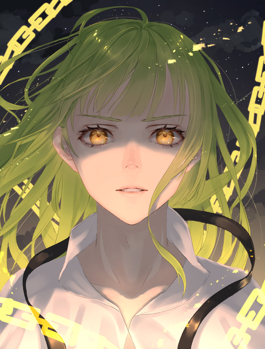 1boy androgynous bangs chain enkidu_(fate/strange_fake) fate/strange_fake fate_(series) green_hair grey_background highres long_hair looking_at_viewer male_focus nyaon_oekaki parted_lips portrait solo yellow_eyes