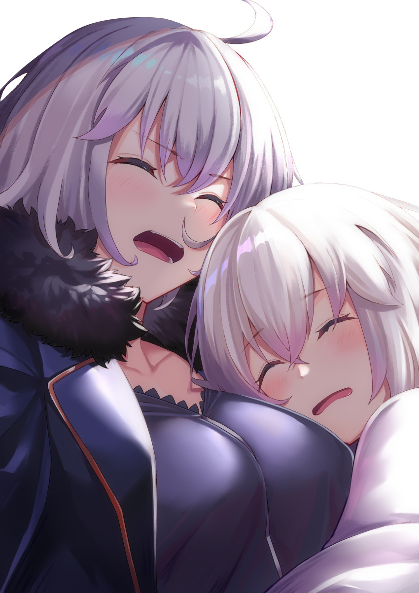 absurdres ahoge bangs breasts closed_eyes coat dress eyebrows_visible_through_hair fate/grand_order fate_(series) fifty1202 fur-trimmed_coat fur_trim hair_between_eyes highres jeanne_d'arc_(alter)_(fate) jeanne_d'arc_(fate)_(all) large_breasts upper_body wicked_dragon_witch_ver._shinjuku_1999