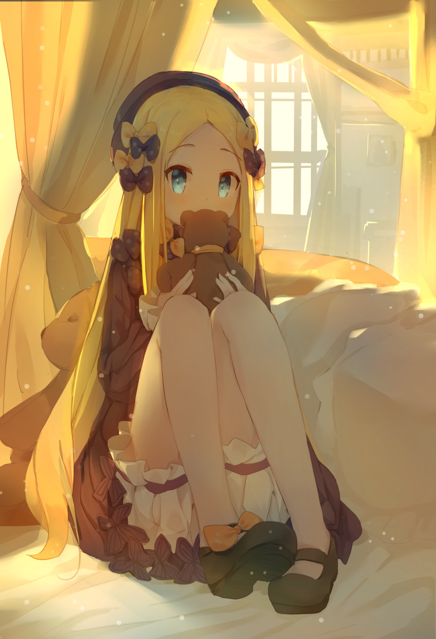 1girl abigail_williams_(fate/grand_order) absurdres bangs bed_sheet black_bow black_dress black_footwear black_headwear blonde_hair bloomers blue_eyes blush bow bug butterfly commentary coria covered_mouth curtains dress eyebrows_visible_through_hair fate/grand_order fate_(series) forehead full_body hair_bow hands_up hat highres holding holding_stuffed_animal insect knees_up long_hair long_sleeves looking_at_viewer orange_bow parted_bangs polka_dot polka_dot_bow shoes sleeves_past_wrists solo stuffed_animal stuffed_toy symbol_commentary teddy_bear underwear very_long_hair white_bloomers