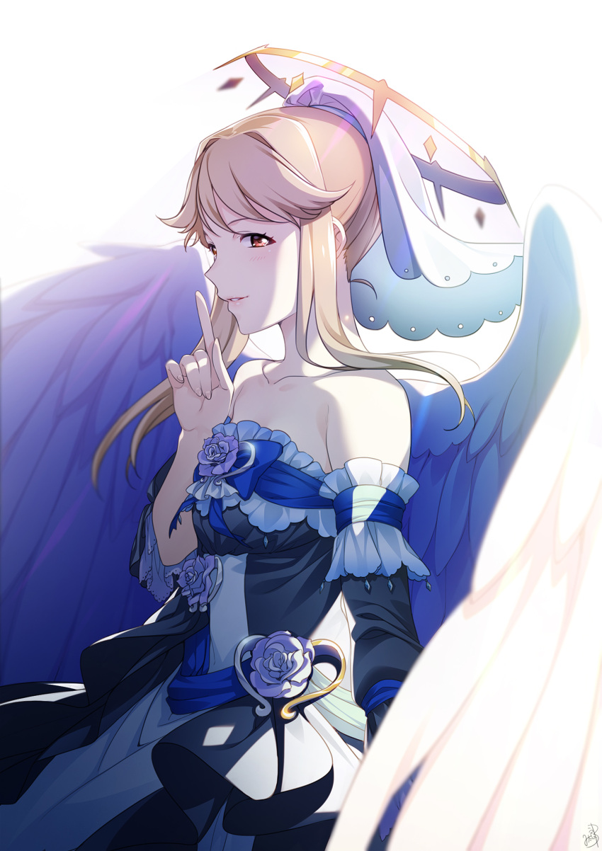 1girl angel_wings bangs bare_shoulders blue_bow bow character_request collarbone commentary_request detached_sleeves dress feathered_wings flower from_side halo highres idolmaster idolmaster_million_live! long_hair mikapoe rose simple_background smile solo strapless strapless_dress white_background white_flower white_rose white_wings wings