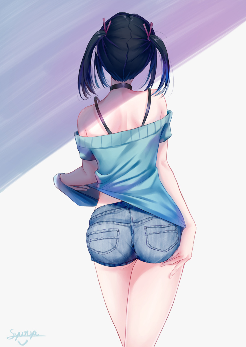 1girl artist_name ass back bare_shoulders choker clothes_lift cowboy_shot crossed_legs denim denim_shorts facing_away from_behind hand_on_own_ass highres lifted_by_self midriff original shade short_shorts short_sleeves shorts shoulder_blades shun'ya_(daisharin36) sidelocks signature solo standing sweater sweater_lift twintails