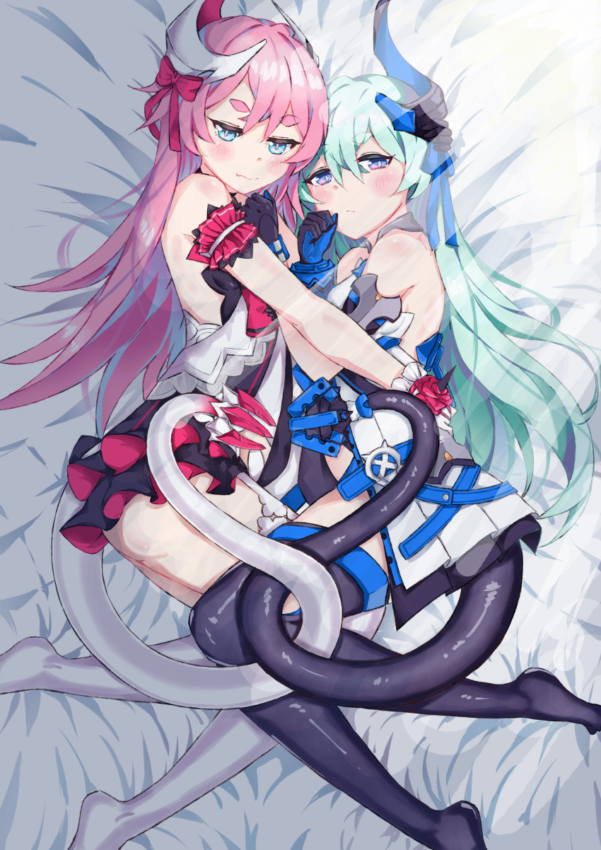 2girls absurdres asymmetrical_horns blue_eyes blush breasts dress flower gloves hair_ornament hair_ribbon highres honkai_(series) honkai_impact_3rd horn intertwined_tails liliya_olyenyey long_hair mechanical_horns mechanical_tail mismatched_gloves multiple_girls open_clothes open_dress red_flower red_rose ribbon rose rozaliya_olyenyey siblings small_breasts sxdd93203 tail thick_eyebrows twins wedding_dress