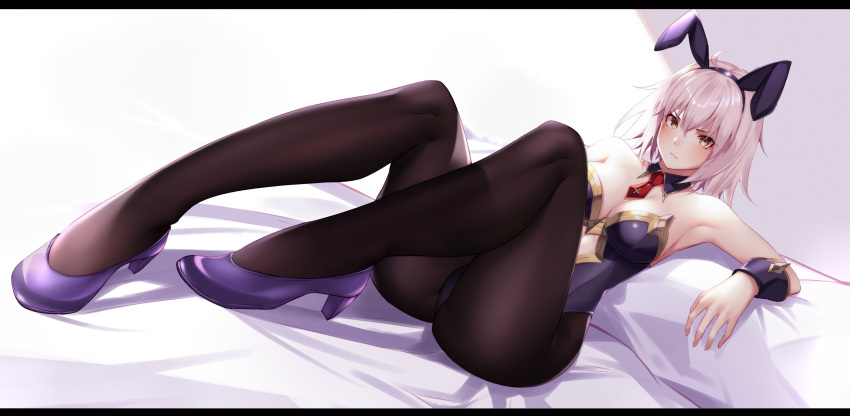 1girl absurdres animal_ears bangs black_bunny_ears breasts bunny_ears bunnysuit crossed_bangs detached_collar detached_cuffs fate/grand_order fate_(series) fifty1202 hair_between_eyes high_heels highres jeanne_d'arc_(alter)_(fate) jeanne_d'arc_(fate)_(all) large_breasts necktie on_bed pantyhose pink_hair rabbit_ears reclining wrist_cuffs