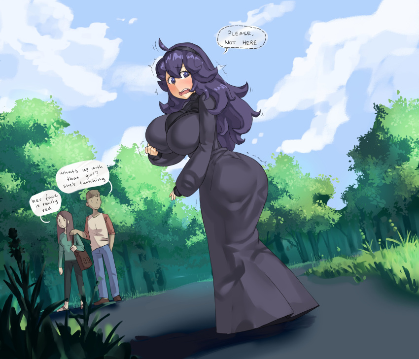 1boy 2girls absurdres ahoge al_bhed_eyes alternate_breast_size ass black_hairband blush borvar breasts commentary curvy day dress embarrassed english_commentary english_text fang forest hairband hex_maniac_(pokemon) highres huge_breasts impossible_clothes impossible_dress long_dress looking_back messy_hair multiple_girls nature npc_trainer outdoors pokemon pokemon_(game) pokemon_xy purple_hair solo_focus trembling violet_eyes