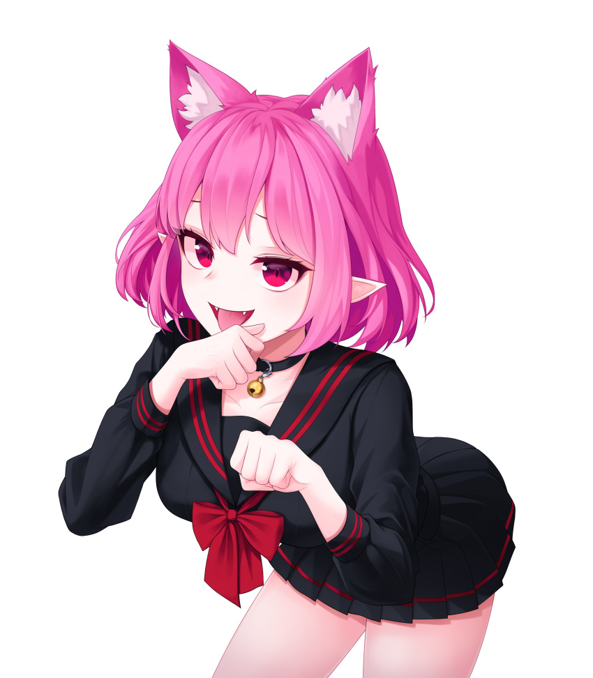 1girl :d absurdres animal_ears bell bell_choker bent_over black_choker black_sailor_collar black_serafuku black_shirt black_skirt blush breasts cat_ears cat_girl choker collarbone commentary_request cowboy_shot esj4f fangs hand_on_own_face highres jingle_bell korean_commentary long_sleeves looking_at_viewer lucid maplestory medium_breasts miniskirt open_mouth paw_pose pink_hair pleated_skirt pointy_ears red_eyes red_ribbon ribbon sailor_collar school_uniform serafuku shirt short_hair simple_background skirt smile solo tongue tongue_out white_background wiping_face
