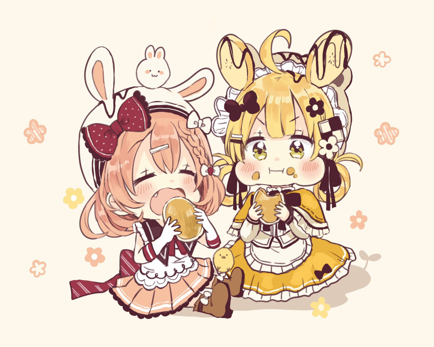 2girls :i ahoge animal_ears animal_hat apron bangs black_bow black_flower blonde_hair blush boots bow brown_background brown_footwear brown_hair brown_skirt bunny_hat capelet closed_mouth commentary_request eating elbow_gloves eyebrows_visible_through_hair fake_animal_ears fang floral_background flower food food_on_face frilled_apron frilled_capelet frilled_skirt frills gloves hair_between_eyes hair_bow hair_flower hair_ornament hair_rings hat highres holding holding_food long_sleeves multiple_girls open_mouth original pleated_skirt rabbit_ears red_bow sakura_oriko shadow shirt sitting skirt sleeveless sleeveless_shirt v-shaped_eyebrows waist_apron white_apron white_flower white_gloves white_headwear white_shirt yellow_capelet yellow_skirt