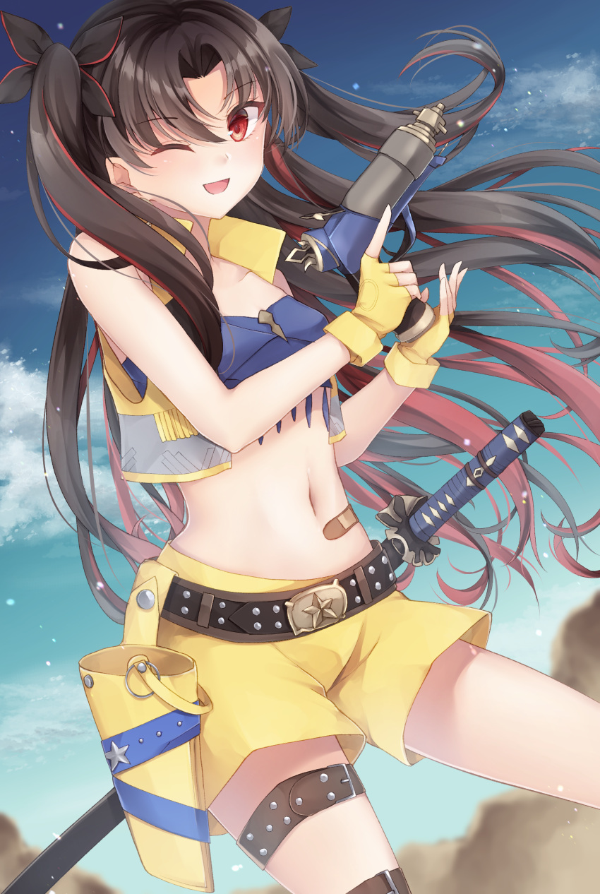 1girl absurdres bangs belt black_hair blush breasts brown_belt commentary_request eyebrows_visible_through_hair fate/grand_order fate_(series) gloves gun highres holding holding_gun holding_weapon long_hair looking_at_viewer multicolored_hair navel one_eye_closed open_mouth parted_bangs red_eyes redhead ribbon shorts smile solo space_ishtar_(fate) sword two-tone_hair two_side_up very_long_hair vest weapon yellow_gloves yua_(bokubo0806)