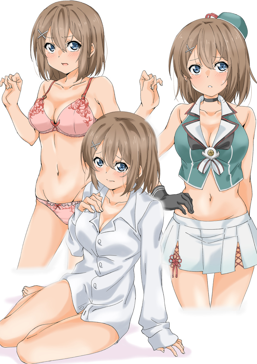 1girl absurdres arms_behind_back beret blue_eyes bra breasts brown_hair collarbone commentary_request cowboy_shot dress_shirt full_body hair_ornament hairclip hat hat_ribbon headgear highres kantai_collection large_breasts maonatten maya_(kantai_collection) midriff mini_hat multiple_views naked_shirt navel panties pink_bra pink_panties pleated_skirt red_ribbon remodel_(kantai_collection) ribbon shirt short_hair simple_background sitting skirt sleeveless standing underwear white_background white_shirt x_hair_ornament yokozuwari