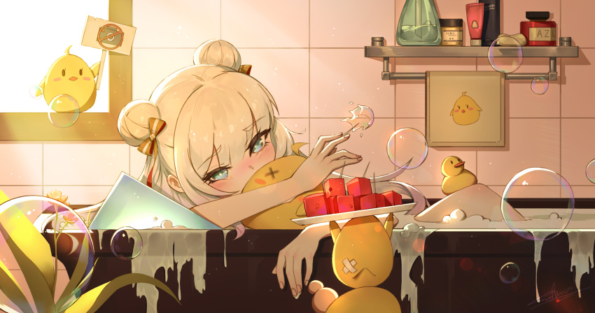+_+ 1girl azur_lane backlighting bangs bath bathing bathroom bathtub blue_eyes blush bubble commentary_request day double_bun eyebrows_visible_through_hair food fruit highres holding holding_sign indoors le_malin_(azur_lane) manjuu_(azur_lane) moonofmonster sign silver_hair soap_bubbles solo sunlight symbol-shaped_pupils toothpick towel towel_rack watermelon window
