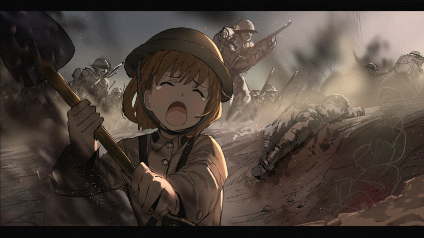 1girl 6+boys bangs brown_hair brown_shirt closed_eyes clouds cloudy_sky collared_shirt commentary_request dress_shirt eyebrows_visible_through_hair gun hagiwara_yukiho helmet highres holding holding_gun holding_shovel holding_weapon idolmaster idolmaster_(classic) letterboxed long_sleeves multiple_boys open_mouth outdoors shirt shovel sky solo_focus suzuki_puramo teardrop two-handed upper_body weapon
