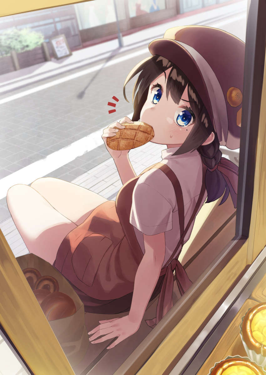/\/\/\ 1girl arm_at_side bakery bangs blue_eyes blush braid bread brown_dress cabbie_hat day dress dutch_angle eating food from_behind hair_ribbon hat highres holding holding_food long_hair looking_at_viewer looking_back mole mole_under_eye mole_under_mouth original outdoors purple_headwear red_ribbon ribbon road shirt shop short_sleeves single_braid sitting solo street sunlight sweat sweets through_window tokumaro v-shaped_eyebrows white_shirt window