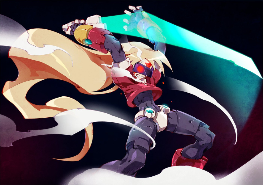 1boy android bangs blonde_hair bracelet clenched_teeth clouds covered_eyes energy_sword fingerless_gloves girouette gloves holding jewelry kon_(kin219) long_hair male_focus model_z ponytail rockman rockman_zx solo standing sword teeth visor weapon wind