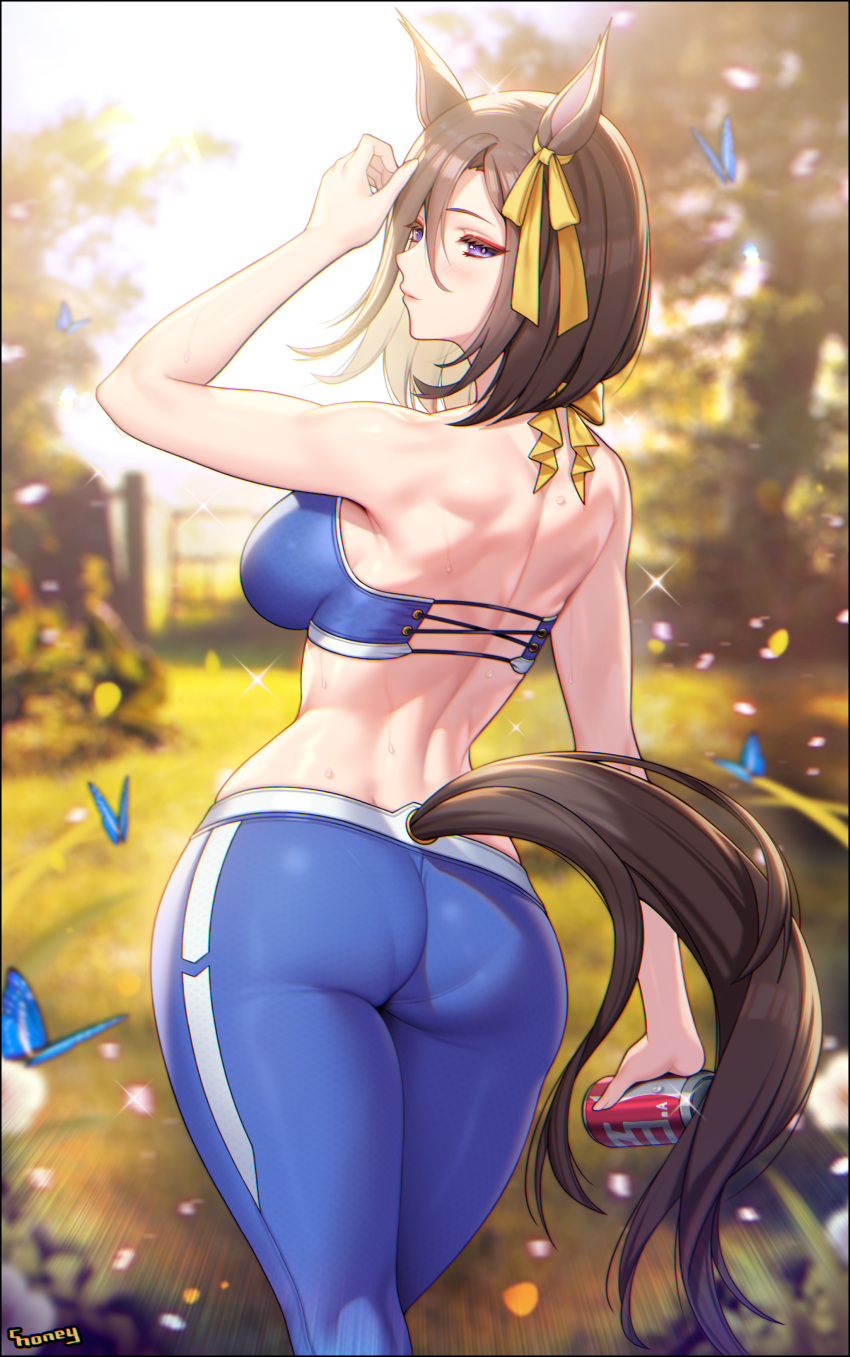 1girl absurdres adjusting_hair air_groove_(umamusume) animal_ears arm_up artist_name ass back bangs bare_shoulders blue_butterfly blurry blurry_background blush breasts brown_hair bug butterfly can choney cowboy_shot curvy day drink ear_ribbon facing_away half-closed_eyes highres holding horse_ears horse_girl horse_tail insect looking_at_viewer looking_back medium_breasts nature outdoors pants petals shiny shiny_clothes shiny_hair short_hair skin_tight skindentation smile soda_can solo sparkle sports_bra sweat tail thighs toned umamusume violet_eyes yoga_pants