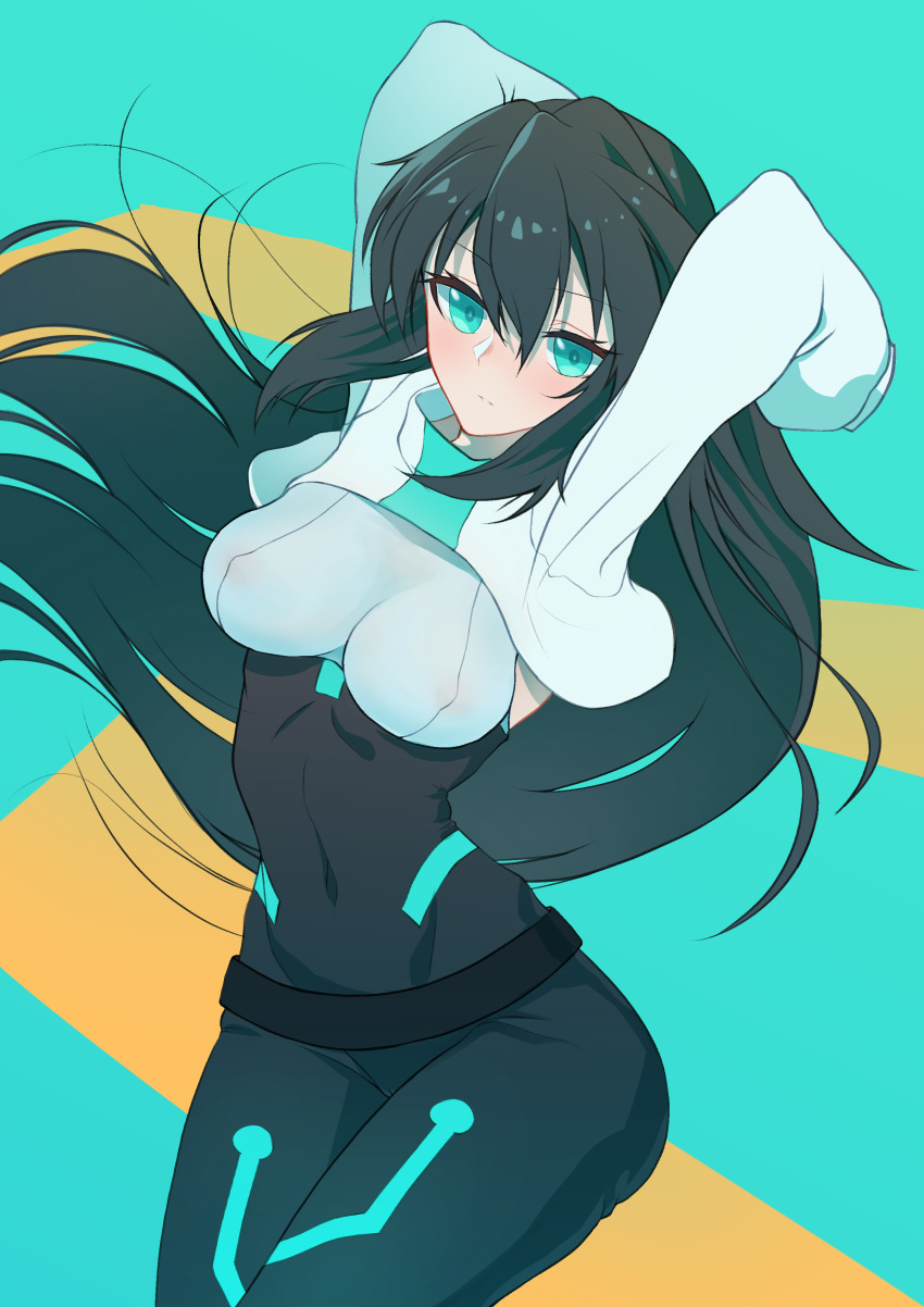 1girl absurdres arms_behind_head arms_up belt black_bodysuit black_hair blush bodysuit breasts commentary covered_navel green_eyes gundam gundam_build_divers gundam_build_divers_re:rise hair_between_eyes highres impossible_bodysuit impossible_clothes line3reak long_hair long_sleeves looking_at_viewer may_(gundam_build_divers_re:rise) medium_breasts solo