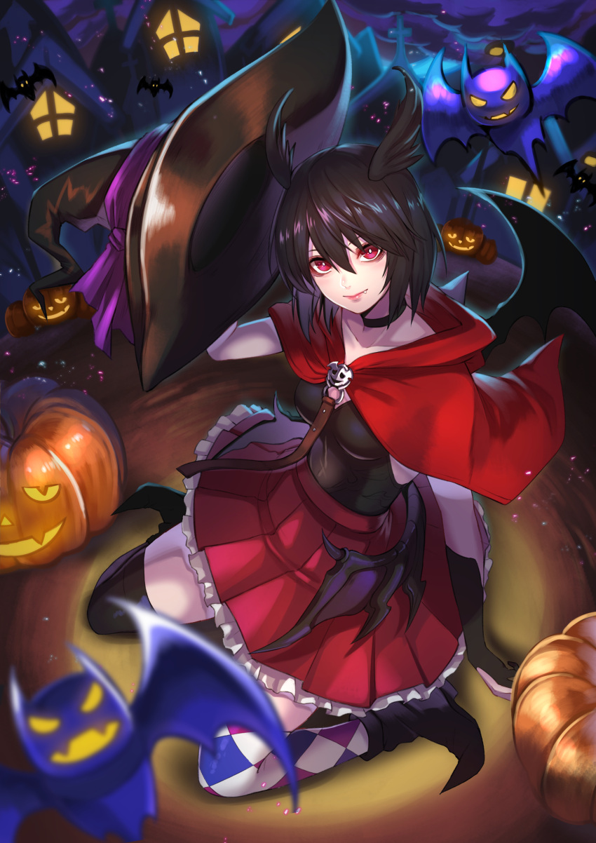 1girl absurdres alternate_costume bat bat_wings black_choker black_gloves black_hair black_legwear black_wings boots breasts capelet checkered checkered_legwear choker collarbone fang fang_out fate/grand_order fate_(series) feathered_wings frilled_skirt frills gloves hair_between_eyes halloween halloween_costume hat head_wings highres jack-o'-lantern mismatched_legwear ortlinde_(fate/grand_order) partly_fingerless_gloves pleated_skirt pumpkin re_(re_09) red_capelet red_eyes red_skirt short_hair sitting skirt sleeveless small_breasts solo thigh-highs valkyrie_(fate/grand_order) wariza wings witch_hat