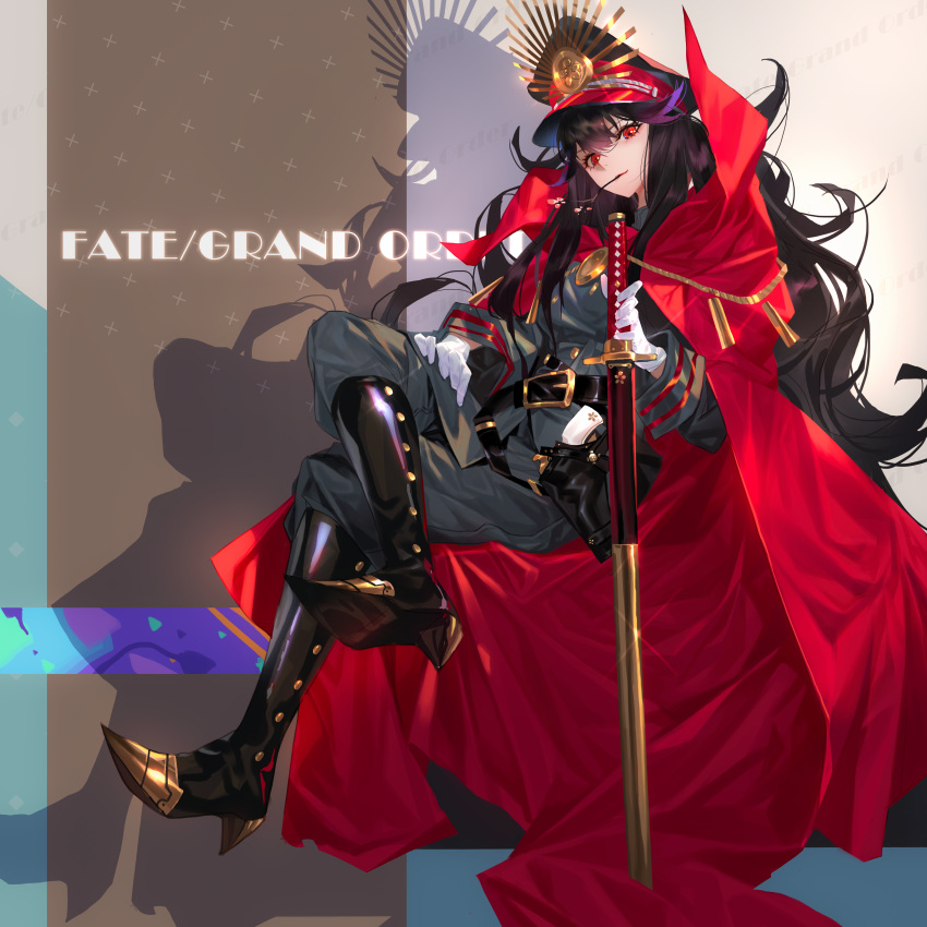 1girl absurdres bekt belt belt_buckle black_footwear black_hair black_headwear black_jacket black_pants boots buckle cape closed_mouth crossed_legs fate/grand_order fate_(series) full_body glint gloves grandialee gun hand_on_own_thigh hat high_heel_boots high_heels highres holding holding_sword holding_weapon holster jacket knee_boots long_hair long_sleeves looking_at_viewer military military_jacket military_uniform mouth_hold oda_nobunaga_(fate) oda_nobunaga_(fate)_(all) pants peaked_cap red-cape red_cape shadow sheath sheathed sitting smile sword uniform very_long_hair watermark weapon white_gloves