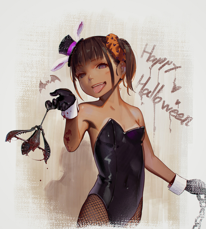1girl animal_ears bangs bare_shoulders bat black_gloves black_headwear black_leotard blood blunt_bangs blush breasts chain collarbone commentary_request covered_navel eyebrows_visible_through_hair fake_animal_ears fishnet_legwear fishnets gloves hair_ornament hair_scrunchie happy_halloween hat heart highres holding kagamine-ikka leotard looking_at_viewer mini_hat mini_top_hat original pantyhose parted_lips pear_of_anguish rabbit_ears scrunchie short_hair side_ponytail small_breasts solo spikes strapless strapless_leotard tan tanline tongue tongue_out top_hat upper_body violet_eyes wrist_cuffs